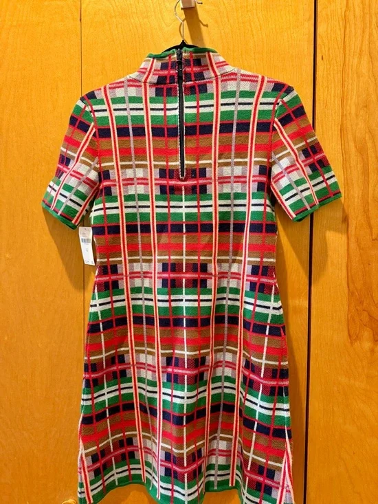 Colorful Plaid Knit Short Sleeve Dress - Picture 2 of 3